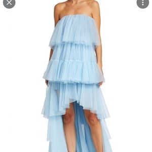 Cinq A Sept strapless ice blue tiered tulle dress with bustier and long train